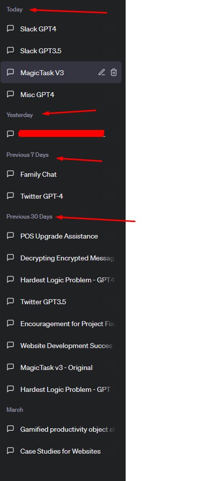 SudoInnominate's tweet photo. Loving the GUI update for ChatGPT! 🎉 The chats are now organized in a more chronological order, making it even easier to follow the conversation. Kudos to the team behind this improvement! 👏

#ChatGPT #GUIupdate #UserExperience #UX #MagicTaskV3 https://t.co/UmSz9gtJgL