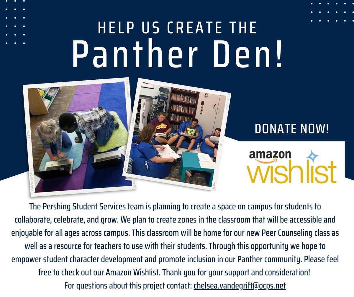 Help us create our Panther Den! The Pershing Student Services team is planning to create a space on campus for students to collaborate, celebrate, and grow. We plan to create zones in the classroom that will be enjoyable for all ages across campus.

a.co/atNDMVW