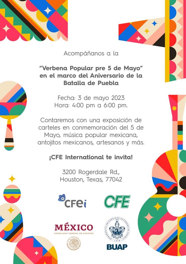 ConsulMexHou's tweet photo. CFE International te invita a conmemorar el Aniversario de la Batalla de Puebla este 3 de mayo de 4:00 pm a 6:00 pm. Aprende sobre este importante evento histórico a través del arte y la cultura. https://t.co/NoiQTTmBT7