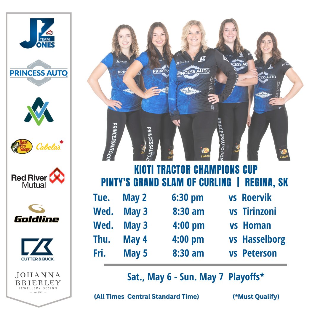 TeamJJonesCurl's tweet photo. Our '22-23 schedule started 8 months ago in Saint-Felicien, QC. Next week we wrap up our season at the KIOTI Tractor Champions Cup Grand Slam in Regina.
Sportsnet coverage starts Thursday.
Event details:
https://t.co/BM1ChiIena
#TeamPrincessAuto
#curling
#GSOC
#Manitoba https://t.co/P9MJGYUNHx