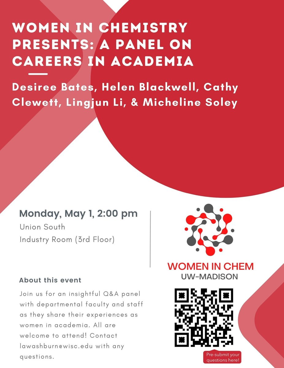 UW-Madison Chemistry (@uwmadisonchem) on Twitter photo Thinking about chemistry opportunities for women? Join <a href="/uwmadisonwic/">UW-Madison Women in Chemistry</a> for a special Careers in Academia panel discussion featuring Desiree Bates, Helen Blackwell, Cathy Clewett, Lingjun Li, and Micheline Soley. Monday, May 1, 2 p.m. Union South #steminist #UWMadisonchem Thinking about chemistry opportunities for women? Join <a href="/uwmadisonwic/">UW-Madison Women in Chemistry</a> for a special Careers in Academia panel discussion featuring Desiree Bates, Helen Blackwell, Cathy Clewett, Lingjun Li, and Micheline Soley. Monday, May 1, 2 p.m. Union South #steminist #UWMadisonchem
