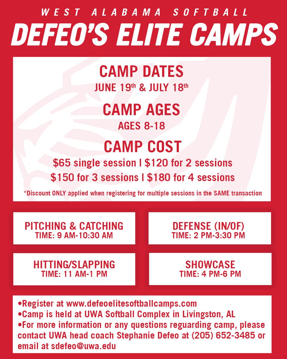 UWA_Softball's tweet photo. We are excited to announce our Elite Summer Camp Dates. June 19th (Monday) and July 18th (Tuesday). We offer 4 different sessions each day! We hope to see you there!!! https://t.co/zUewJ2Nypl