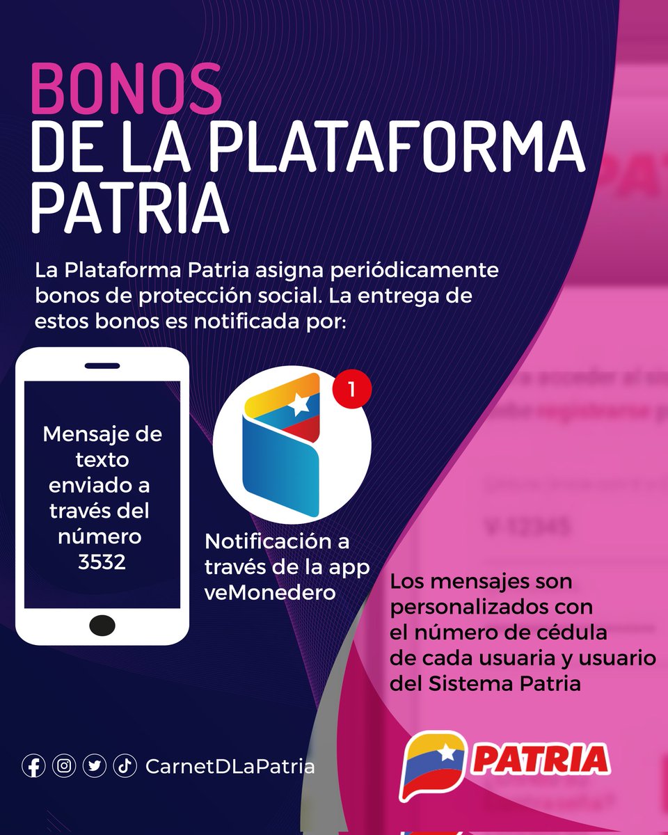 CarnetDLaPatria's tweet photo. #Entérate|| Los #Bonos de Protección Social, son asignados periódicamente a través de la  #PlataformaPatria.
La entrega es personalizada y notificada por un mensaje de texto, a través del número 3532.

#JusticiaYReparación #Abr https://t.co/EOU97uDVXN