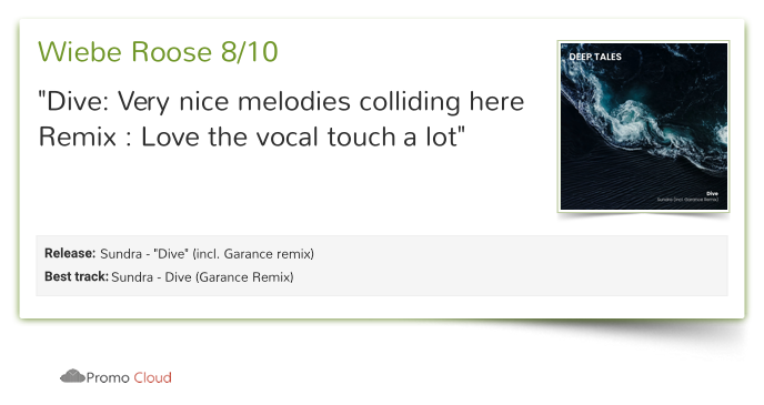 deep_tales_ofc's tweet photo. Wiebe Roose reviewed Sundra - "Dive" (incl. Garance remix). 8/10 https://t.co/JI6vC0QZjd
