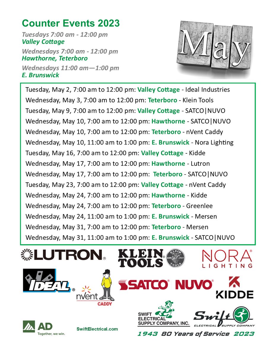 swift_electric's tweet photo. We're excited to invite you to a new month of events at all locations. Join us to learn more about @Lutron, @Klein_Tools, @noralighting, @IDEALElectric_ , @nVent Caddy, @SATCOPRODUCTS, and @KiddeSafety!
#electricalcontractors #electricaldistribution #events, #adtogetherwewin https://t.co/4UAR7CRccP