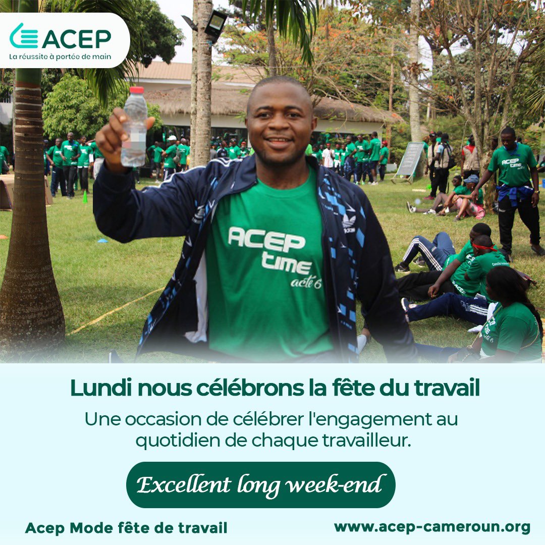 Acep_Cameroun's tweet photo. Lundi c'est la fête du travail,
Nous sommes prêt à célébrer chaque effort fourni afin de vous offrir un service de qualité.
Excellent weekend !
#Acepcameroun #microfinance #travail #engagement https://t.co/wRRGe7XwId