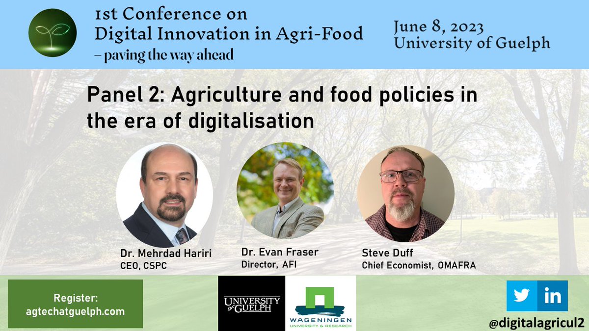 Excited to announce Panel 2: Agriculture and food policies in the era of digitalisation. Join us on June 8, 2023 at @uofg for this insightful discussion. Register at: agtechatguelph.com/registration and secure your spot!
@RozitaDara @sjaakwolfert @uofg @WUR 
#cdiaf #cdiaf23 #foodpolicy