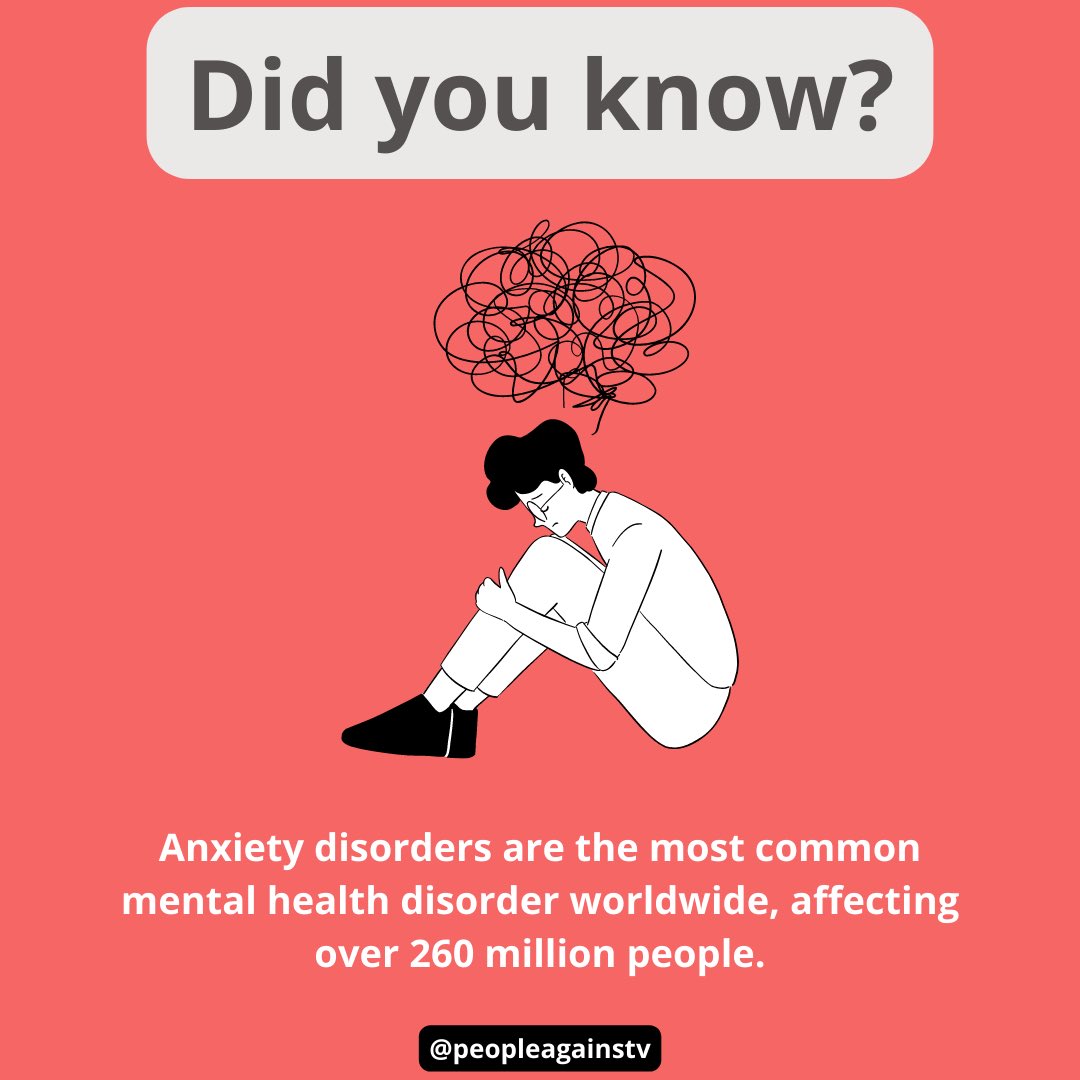 PeopleAgainstV's tweet photo. Let's break the stigma and start the conversation about anxiety disorders. Did you know that they are the most common mental health disorder worldwide, affecting over 260 million people? 😔 It's time to prioritize mental health and spread awareness ❤️ https://t.co/snOnRnS7Aw