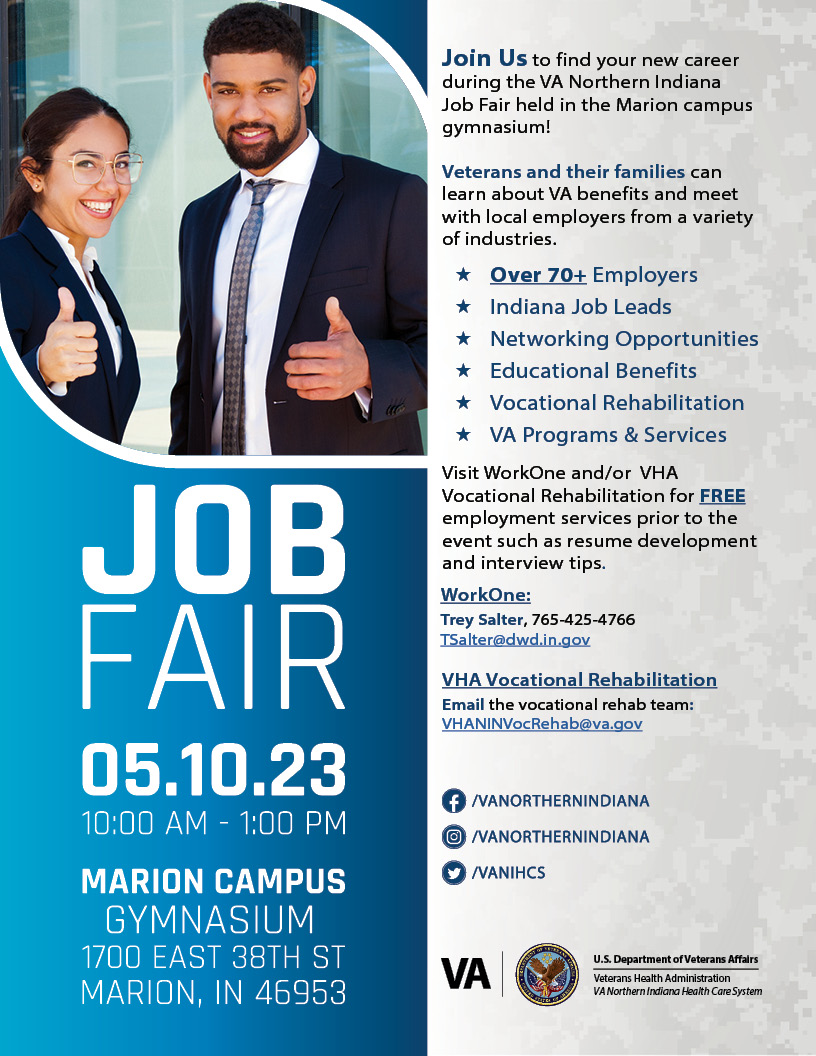 VA Northern Indiana Job Fair|#Marion, IN| 05/10/2023 | 10:00 AM-01:00 PM |

See flyer, register <a href="/VANIHCS/">VANIHCS</a>

#JobFair #Onsite #Jobseekers