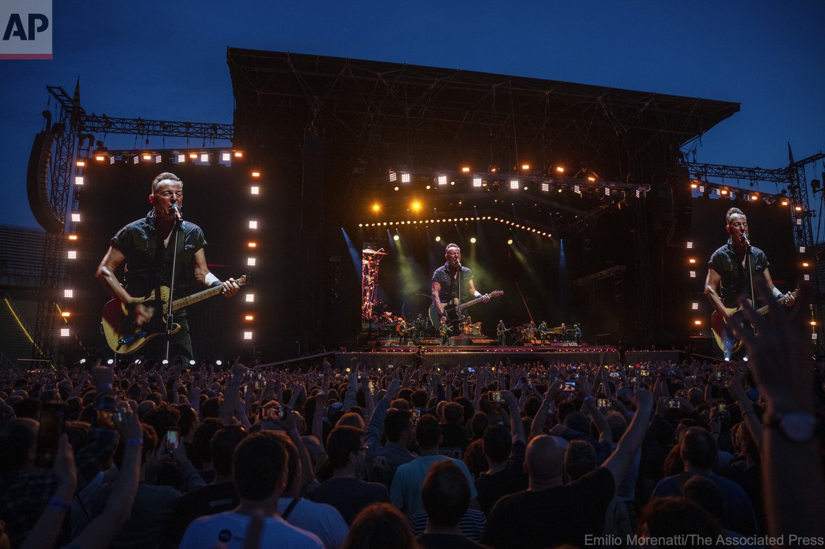EmilioMorenatti's tweet photo. Bruce Springsteen and the E Street Band perform, Friday, April 28, 2023, at the Olympic Stadium of Montjuic in Barcelona, Spain. Bruce Springsteen and The E Street Band kick off a new world tour six years after “The Boss” held his last concert of The River Tour in Australia. https://t.co/MlGDTj7U7R