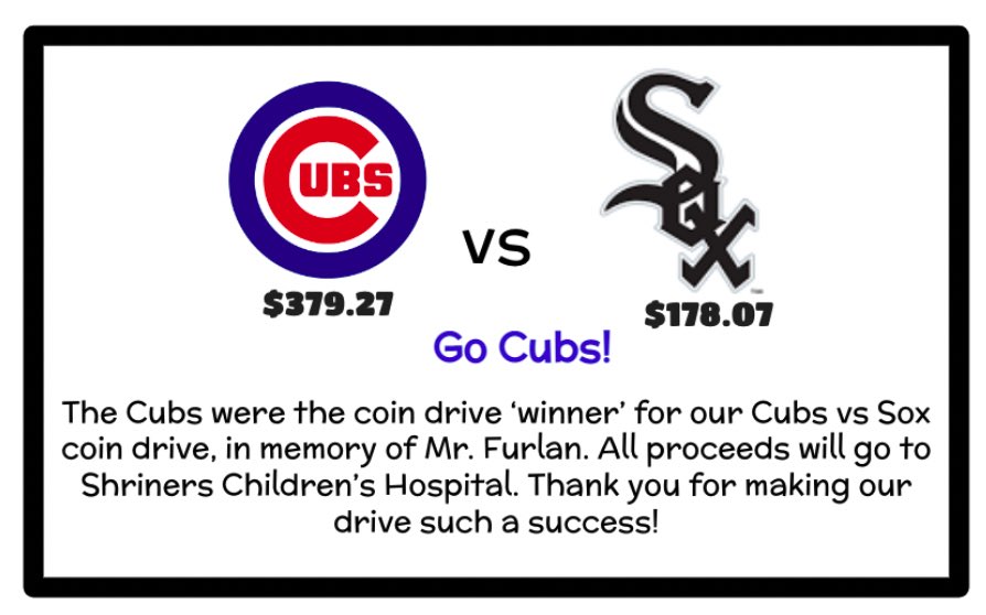 Discover_MV's tweet photo. Thank you so much to our MV community! We raised $577.34 for Shriners Children’s Hospital in honor of Mr. Furlan! Our Cubs vs Sox Spirit Day was a fun way to wrap up our coin drive and celebrate this accomplishment.  Way to go, Meadowview! ❤️💙 ⚾️ 🖤🤍 https://t.co/ouoHZp2iAi