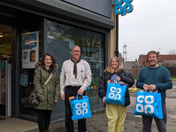 The 42nd Pentland (Currie) Scout Group was awarded £300 in stock from <a href="/coopuk/">Co-op</a>'s Community Donation Fund for  PENTJAM '23, a camp for all Beavers, Cubs, Scouts &amp; Explorers within the Pentland region.
Managers Kieran &amp; Adam with Val and Graham mid-shop.
<a href="/Tom_MPM/">Tom Copeland</a> <a href="/FinnCeri/">Ceri @ the Co-op</a>