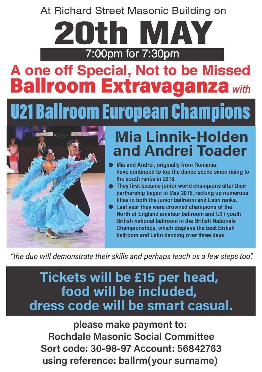Mia and Andrei, U21 European Ballroom Champions are hosting a 10 dance charity ballroom extravaganza on the 20th May. Tickets £15 inc food, booking info in the poster #Freemasons
#theSquareMagazine
#UGLE_GrangdLodge
#TogetherEastLancs
#el2026
<a href="/Freemasonry2day/">Freemasonry Today</a>
<a href="/WorvellMichelle/">Michelle Worvell</a>