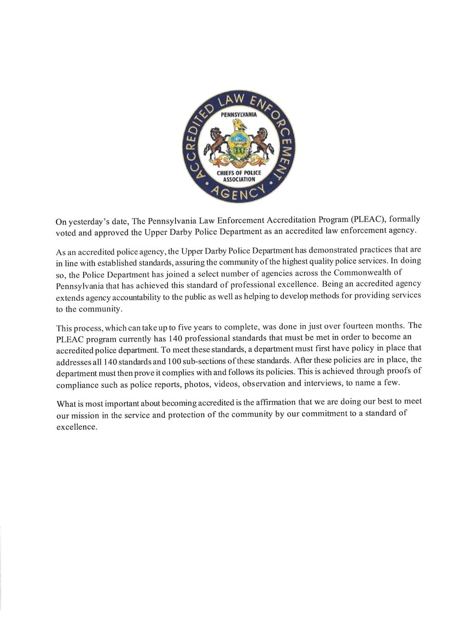 UDPolice's tweet photo. Superintendent Bernhardt is proud to announce Upper Darby Township Police is now an accredited department https://t.co/0osaz7nEhO