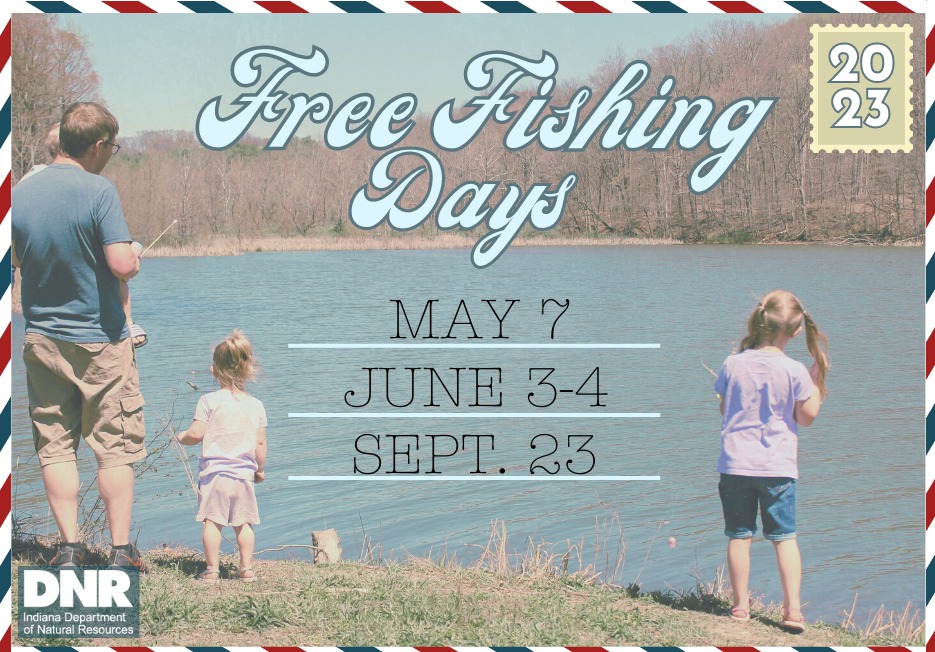 INFishWildlife's tweet photo. Water you up to this year? 💧 Our 2023 Free Fishing Days are May 7, June 3-4, and Sept. 23.

On these days, Indiana residents don't need a fishing license or any stamp to fish public waters. All other rules apply.

Looking for where to fish? https://t.co/atIAqfS79u https://t.co/WgSFUOuhQd