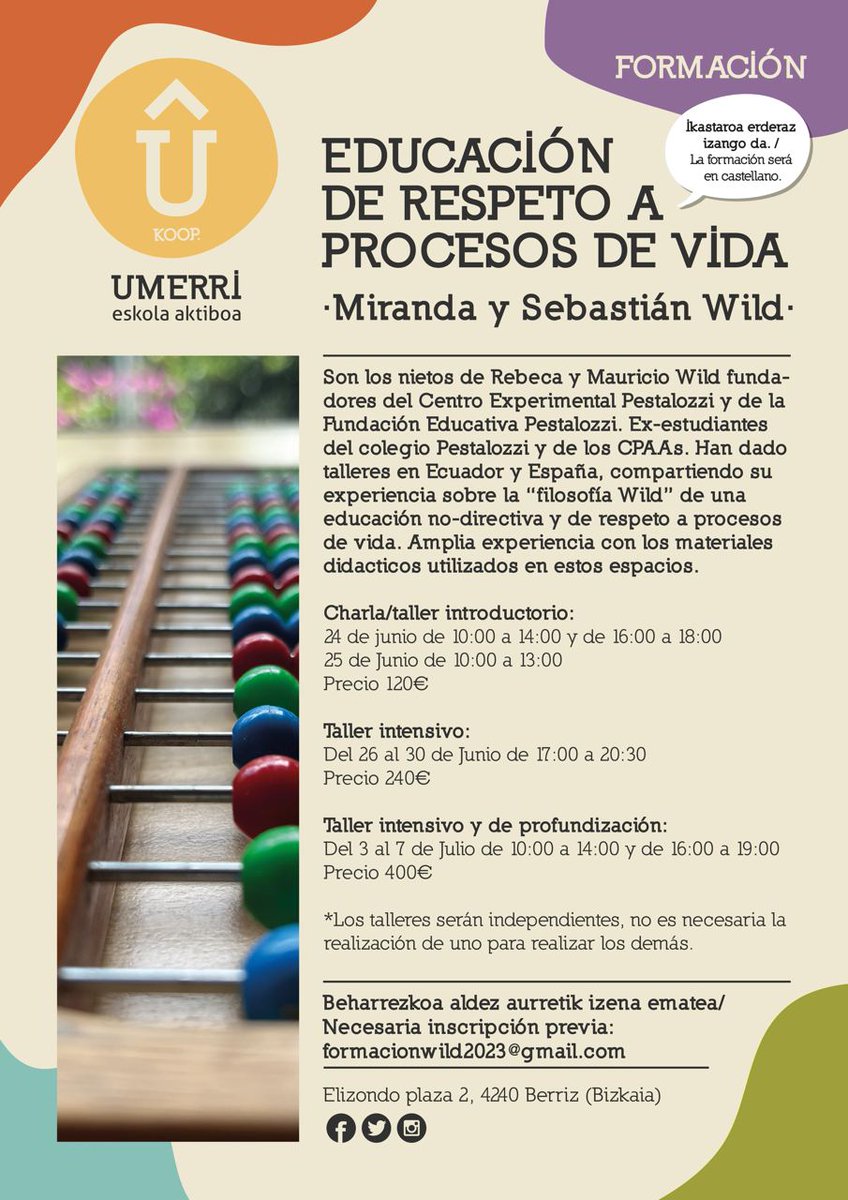 UmerriEskola's tweet photo. 🎉 Miranda eta Sebastián Wild-ekin formakuntza 2023ko udan BIZKAIAN🎉

Udan @UmerriEskola n(Berriz, Bizkaia) pedagogia aktiboetara hurbiltzeko eta haietan sakontzeko aukera ezin hobea izango dugu Miranda eta Sebastián Wild- en eskutik, Pestalozzi eta CEPAAtako ikasle oihak. https://t.co/IYeVaQKk9S