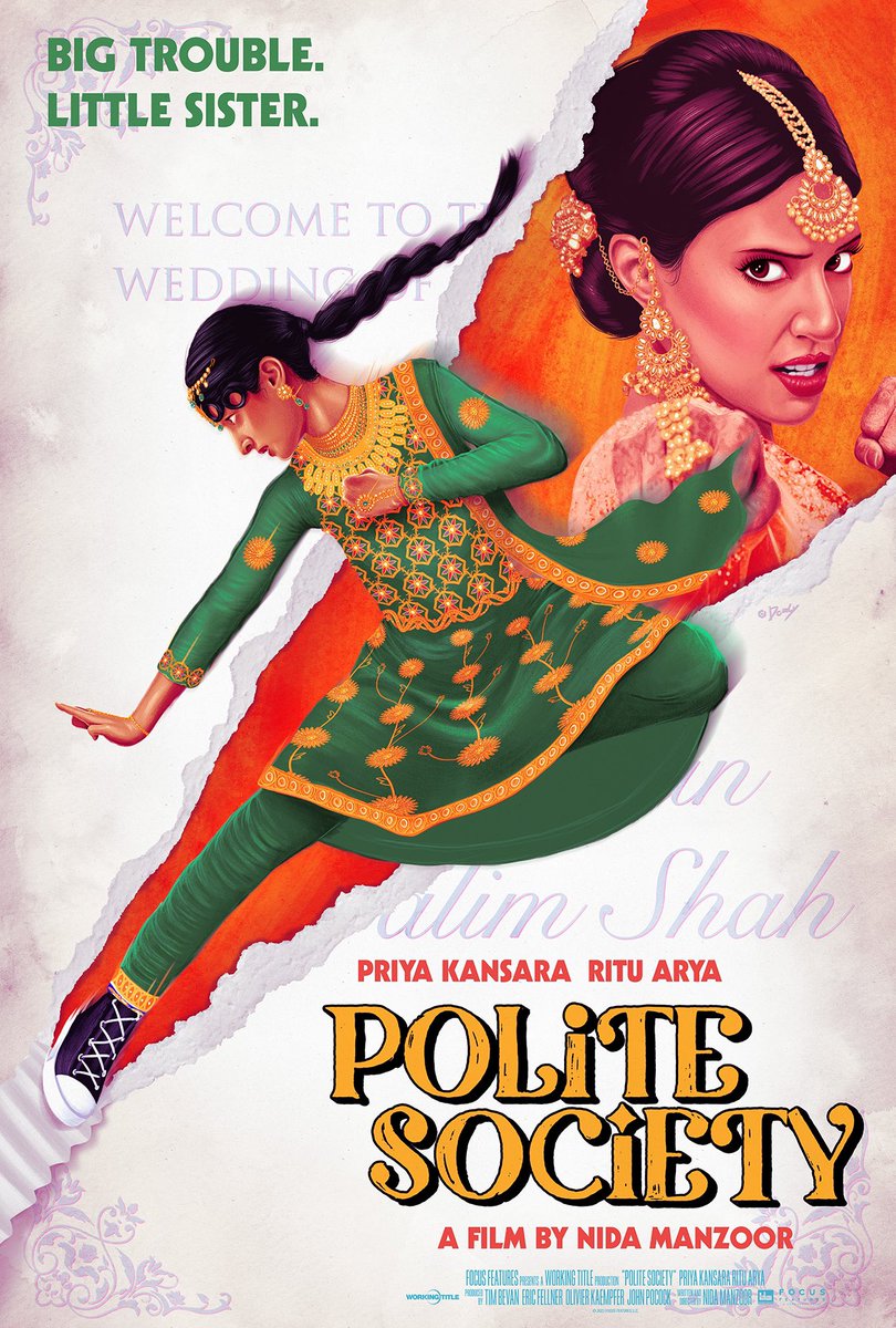 Doaly's tweet photo. I had a blast collaborating with @FocusFeatures on this poster for Nida Manzoor’s @PoliteSocietyFF, a bold, funny and kickass film about sisterhood. Starring Priya Kansara and @Ritu_Arya_. Watch it in cinemas today! 🤜🏽🤛🏽
#Promotion #FocusPartner #PoliteSociety https://t.co/SIoCzX492r