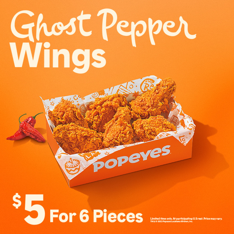 Popeyes's tweet photo. Our Ghost Pepper Wings are back! And they’re more flavorful than fire-full.