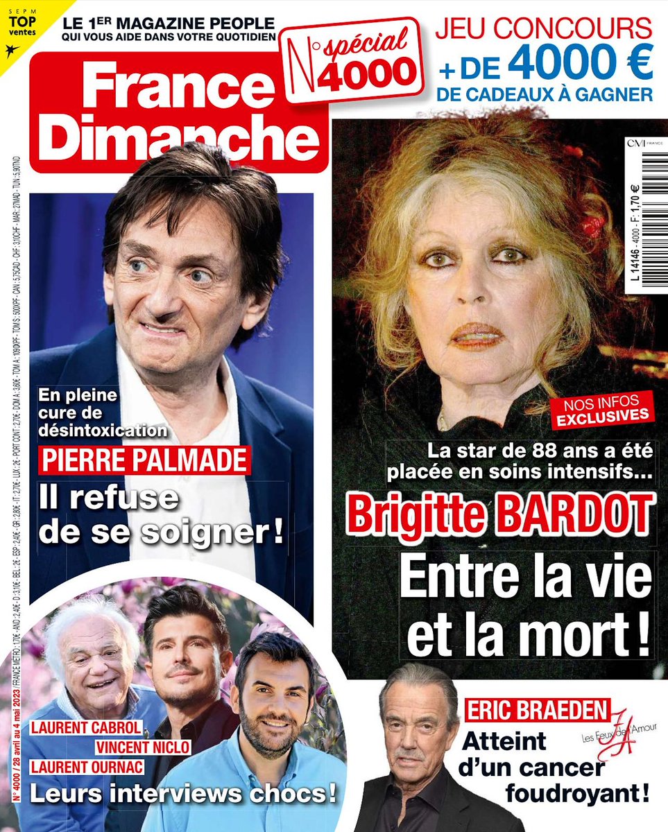 CMIMediaFrance's tweet photo. Aujourd’hui c’est le 4000ème numéro de @France_Dimanche ! 
"Quatre mille numéros ! Quatre mille couvertures ! Et c’est à vous que nous devons cette incroyable longévité. Ce numéro 4 000, c’est donc notre façon de vous dire «merci», de vous dire «encore», de vous dire «d’accord»." https://t.co/NCllpZuHiU