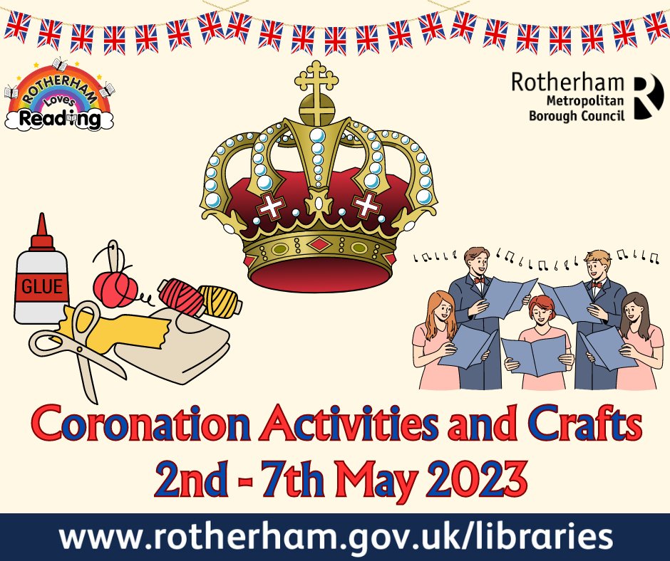 We're getting ready to celebrate the Coronation at Rotherham Libraries, with free crafts, activities and events from 2nd May. Check out our list of what is happening near you... why not come along and join us?! rotherham.gov.uk/.../806/what-s… #loveyourlibrary #RotherhamLovesReading