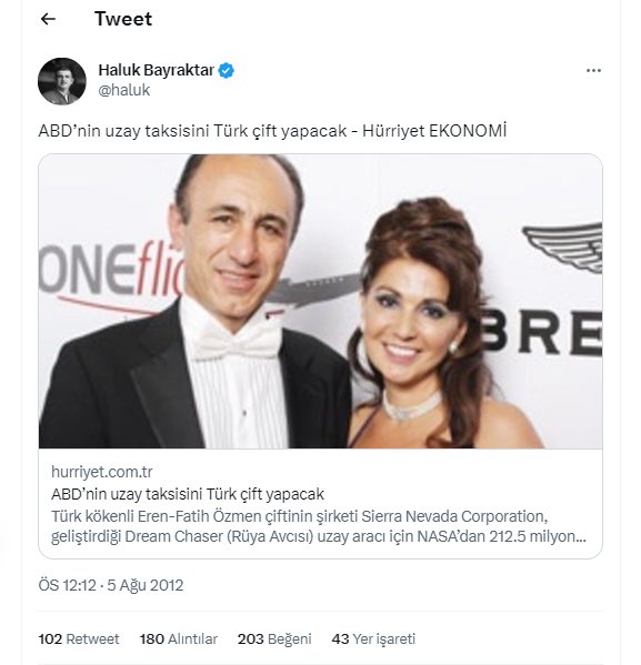 <a href="/haluk/">Haluk Bayraktar</a> Bayraktar geçmişte Eren-Fatih Özmen Ailesi'ni "ABD'nin uzay taksisini yapan Türk çift" diye övmüş!
“Onlar hala Türk ve sizlerle beraber ülke savunma sanayisine katkı sunacaklar.”
Tebrik etmeniz gerekirken siyasilere cevap vermek sizlere bir şey kazandırmaz.