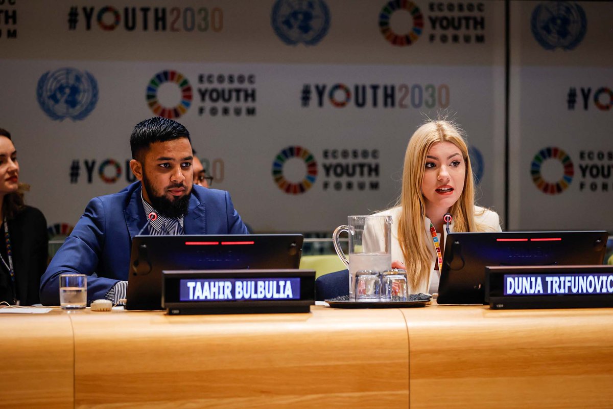 dtrebucq's tweet photo. Keep it up all young people who participated in this year's ECOSOC Youth Forum! Fantastic job by YAG members Taahir Bulbulia from @UNBdosandOECS and Dunja Trifunovic from @UNSerbia on leading the discussion on how we speed up work on #SDGs with youth, for youth.

@UNYouthEnvoy https://t.co/uWesaVxTET