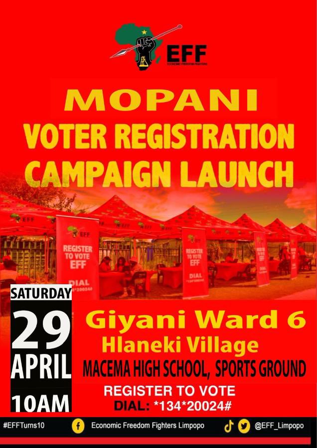 EFF_Limpopo's tweet image. 🔺Happening Tomorrow🔺

-Following the success of the provincial launch of the indispensable Voter Registration Campaign, accordingly the EFF in Mopani Region will launch the regional Voter Registration Campaign tomorrow, 29 April 2023.

#RegisterToVoteEFF 
#EFFWayaWaya