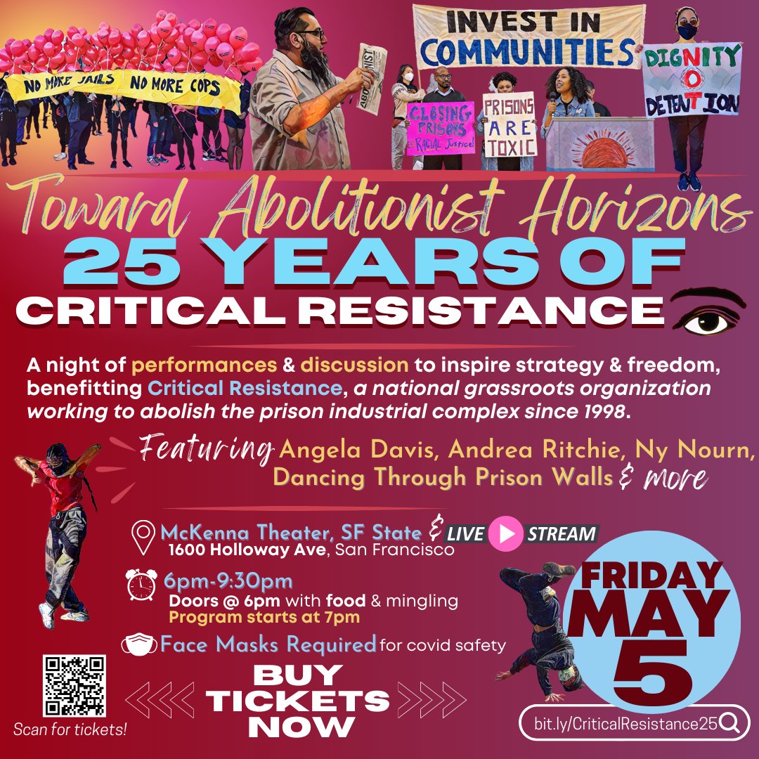 Proud to join + sponsor @C_Resistance on May 5th for Toward Abolitionist Horizons: 25 Years of Critical Resistance, a night of performances & discussion to inspire strategy & freedom! Feat. Angela Davis, @dreanyc123, @nourn_ny, Kamau Walton & more!

bit.ly/CriticalResist…