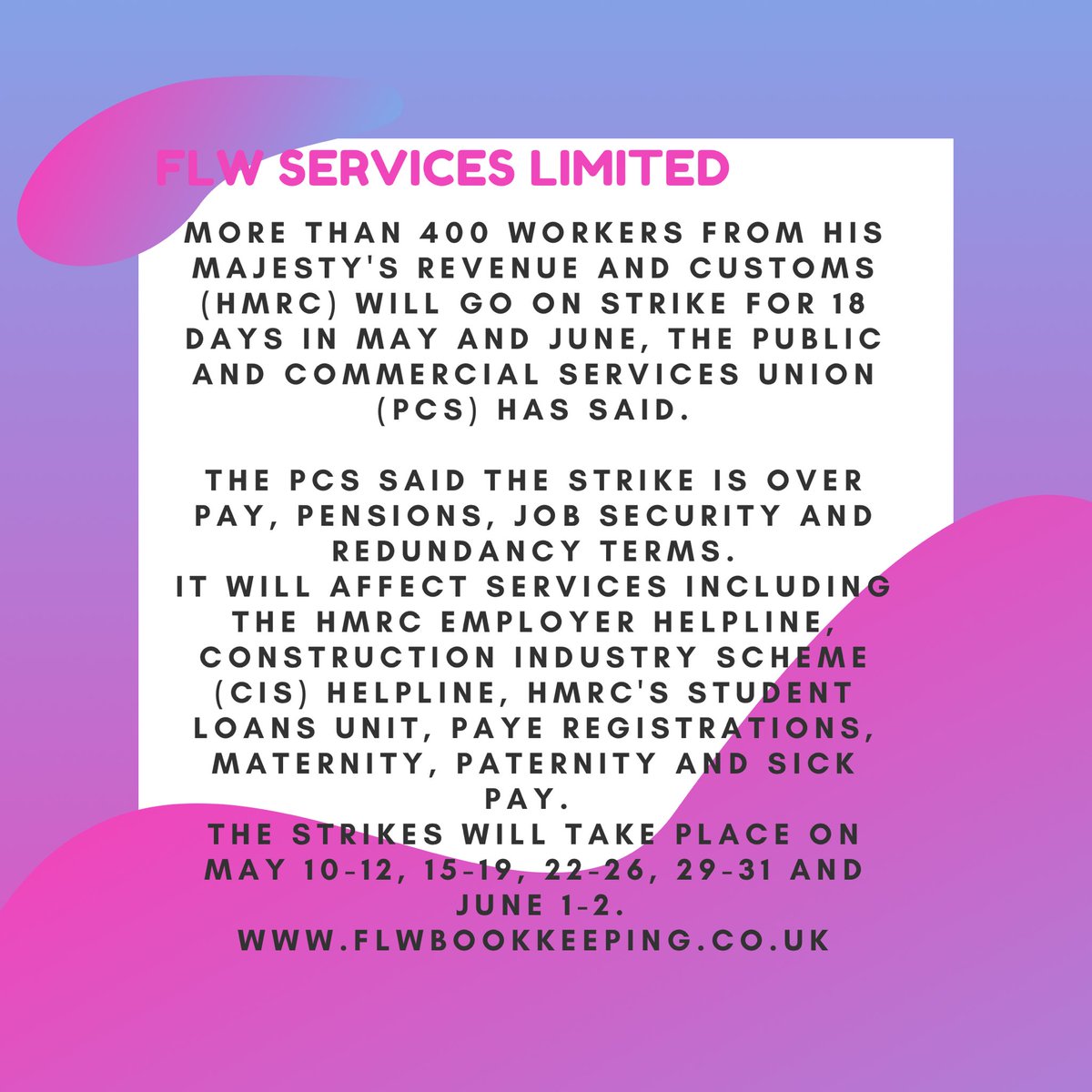 FlwLimited's tweet photo. ❌ HMRC workers to strike for 18 days over May and June ❌ https://t.co/5tnLCbWB3r