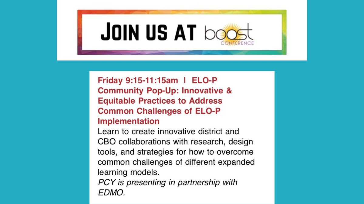 Partnership for Children & Youth (@partnr4childrn) on Twitter photo Today @ 9:15 @ #BOOSTconference. Don’t miss our ELO-P Community Pop-Up: Innovative & Equitable Practices to Address Common Challenges of ELO-P Implementation w/ <a href="/CAMP_EDMO/">EDMO | Social Emotional Learning + STEAM</a> Today @ 9:15 @ #BOOSTconference. Don’t miss our ELO-P Community Pop-Up: Innovative & Equitable Practices to Address Common Challenges of ELO-P Implementation w/ <a href="/CAMP_EDMO/">EDMO | Social Emotional Learning + STEAM</a>