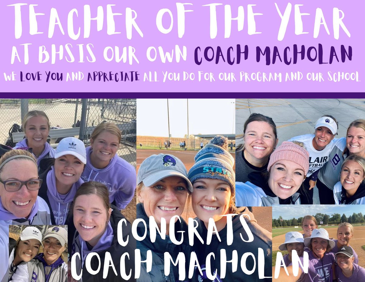 BlairBearSB1's tweet photo. Congrats to Teacher of the Year at Blair High School- Krystal Macholan💜🐻 Coach Macholan is the BEST and we are so lucky to have her on staff🥎 #GoBears @kmacholan @BHSBlair https://t.co/OXo6qd2tMP