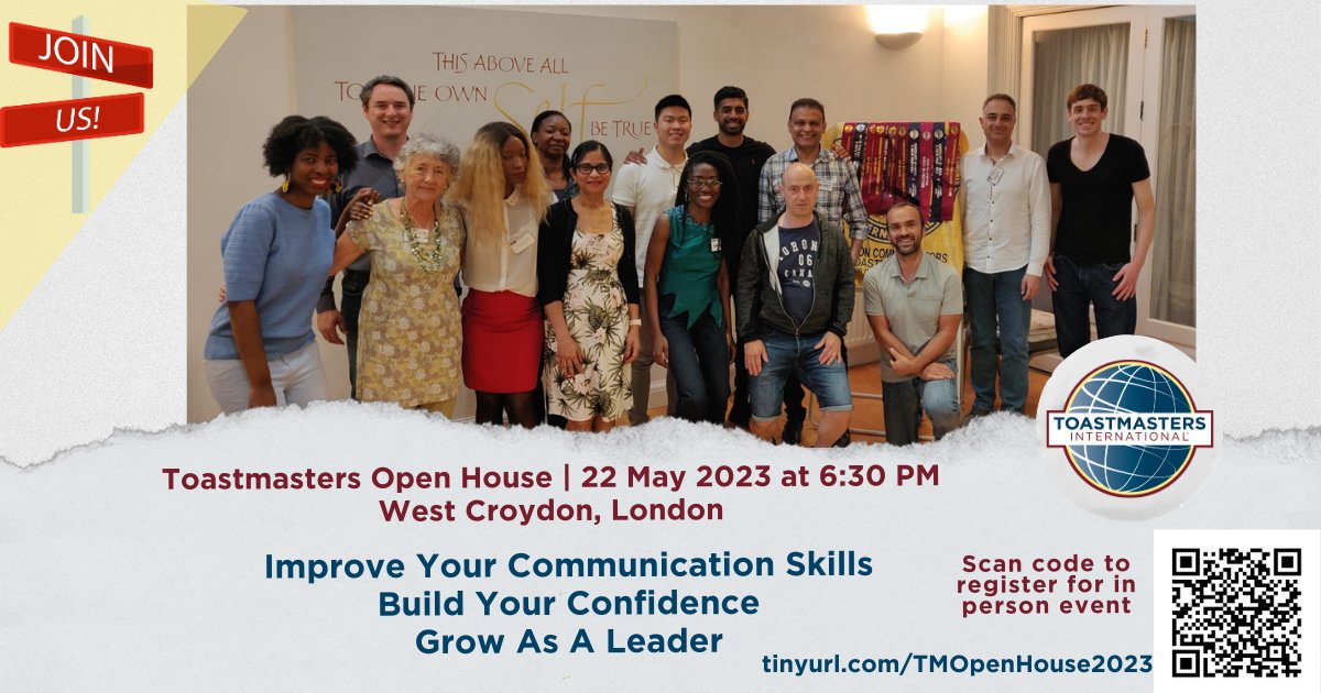 Croydon Communicators (@croydontoast) on Twitter photo ๐๐จ๐ง๐๐๐ฒ ๐๐ ๐๐๐ฒ - ๐๐จ๐๐ฌ๐ญ๐ฆ๐๐ฌ๐ญ๐๐ซ๐ฌ ๐๐ฉ๐๐ง ๐๐จ๐ฎ๐ฌ๐
tinyurl.com/TMOpenHouse2023
โฌ๏ธClick the link to reserve your place
โก๏ธExperience a fun and inspiring #Toastmasters meeting
โก๏ธ Network with like-minded people
#PublicSpeaking #Confidence #Croydon ๐๐จ๐ง๐๐๐ฒ ๐๐ ๐๐๐ฒ - ๐๐จ๐๐ฌ๐ญ๐ฆ๐๐ฌ๐ญ๐๐ซ๐ฌ ๐๐ฉ๐๐ง ๐๐จ๐ฎ๐ฌ๐
tinyurl.com/TMOpenHouse2023
โฌ๏ธClick the link to reserve your place
โก๏ธExperience a fun and inspiring #Toastmasters meeting
โก๏ธ Network with like-minded people
#PublicSpeaking #Confidence #Croydon