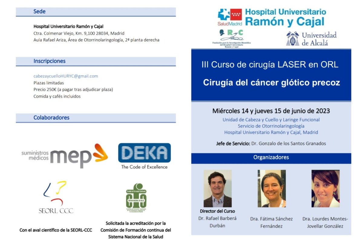 orlhryc's tweet photo. El "III Curso de Cirugía Láser en ORL" tendrá lugar los días 14 y 15 de junio. Contará con sesiones teóricas, prácticas y cirugía en directo. 

Plazas limitadas. ¡Infórmate!

cabezaycuelloHURYC@gmail.com https://t.co/DXBQS55UXO