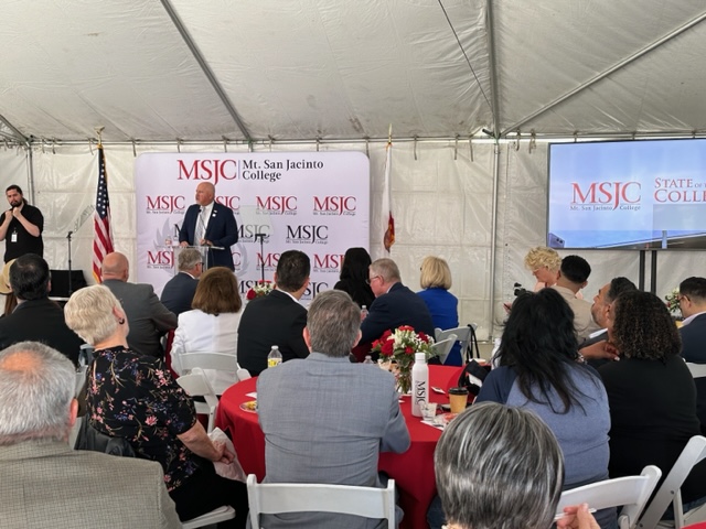 MSJCedu's tweet photo. Dr. Schultz and College leaders are sharing the incredible work of Mt. San Jacinto College at the 2023 State of the College this morning. 
#MSJCSOTC23 https://t.co/pRwJtyJy33