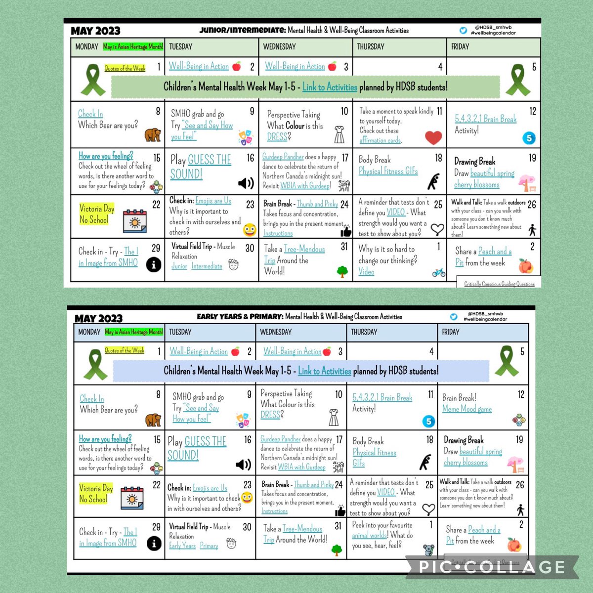 May calendars are ready and include Mental Health Week Activities planned by HDSB students!