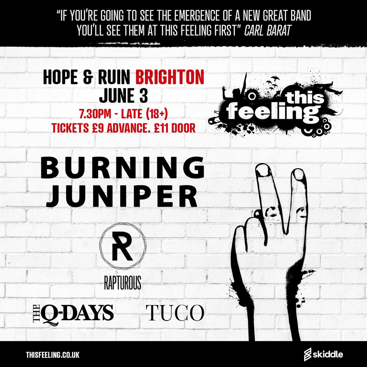 Playing our first <a href="/This_Feeling/">This Feeling</a> show on June 3rd in Brighton at <a href="/thehopeandruin/">The Hope & Ruin</a> with Burning Juniper, Rapturious and Tuco

Tickets available via the link below x

<a href="/scottsmenswear/">scotts</a> <a href="/redstripeuk/">Red Stripe UK</a> 

skiddle.com/e/36341745