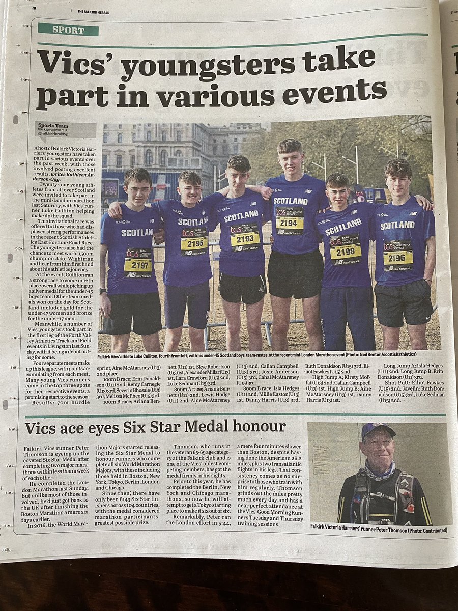 Kathleenogg's tweet photo. Coverage of events involving  Vics with age groups spanning over half a century in this week’s Falkirk Herald. Inspiring to see people of all ages striving to do their best. @falkirkvics @FalkirkHeraldSp @scotathletics @eunice_culliton https://t.co/ScnwUuysns