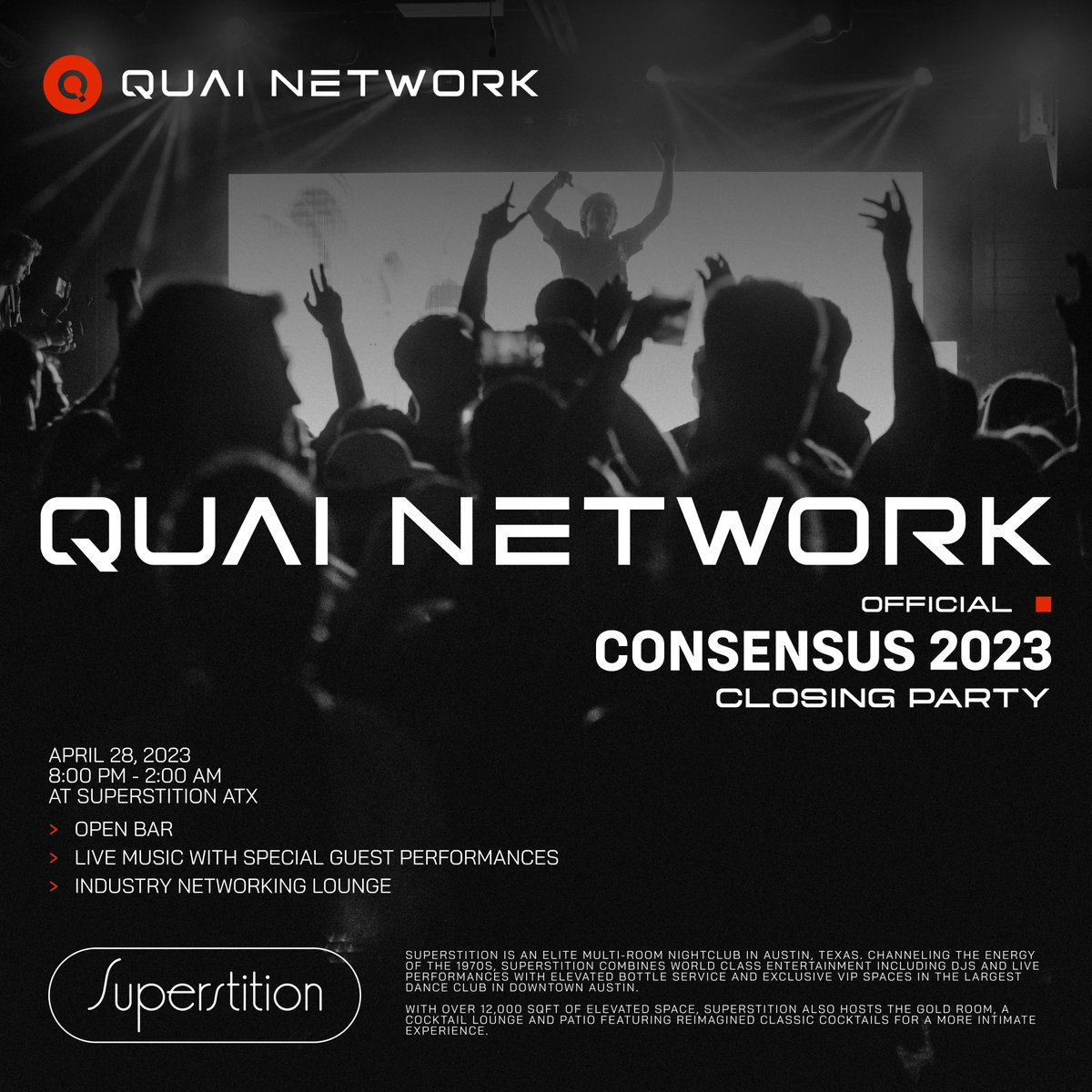 Quai Network ⚡️💵 (@quainetwork) on Twitter photo Quai Network Presents: The Official #Consensus2023 Closing Party is starting TONIGHT at 8pm CST! 🕺
See you soon, <a href="/consensus2023/">#Consensus2023</a>!
eventbrite.com/e/609911300117… Quai Network Presents: The Official #Consensus2023 Closing Party is starting TONIGHT at 8pm CST! 🕺
See you soon, <a href="/consensus2023/">#Consensus2023</a>!
eventbrite.com/e/609911300117…