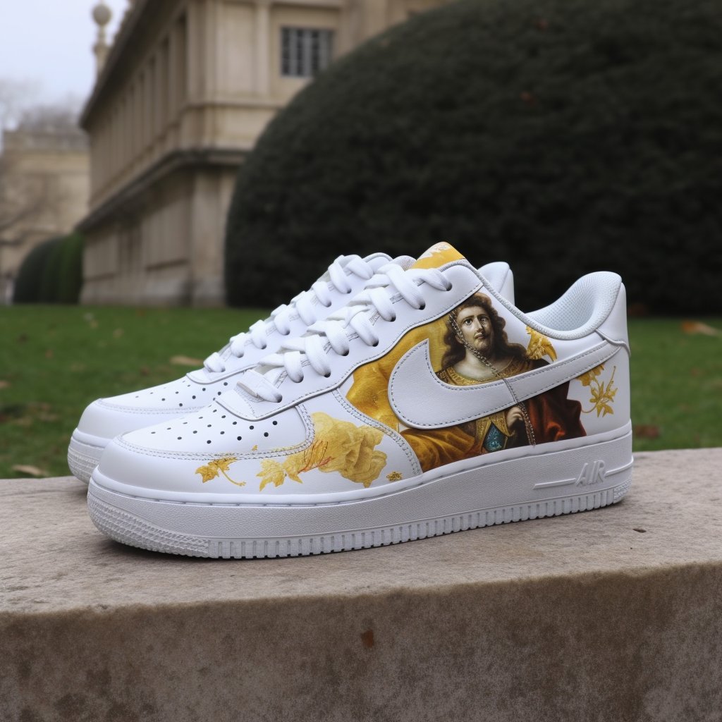 Conjecto's tweet photo. We wanted to generate an image of Louis XIV with #nike on his feet with #midjourney, and we end up with a new collection of #airforce1🤣

Check this out, @Nike ! https://t.co/hDJDPF8ZMX