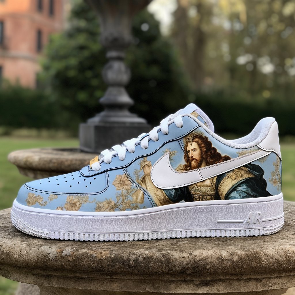 Conjecto's tweet photo. We wanted to generate an image of Louis XIV with #nike on his feet with #midjourney, and we end up with a new collection of #airforce1🤣

Check this out, @Nike ! https://t.co/hDJDPF8ZMX
