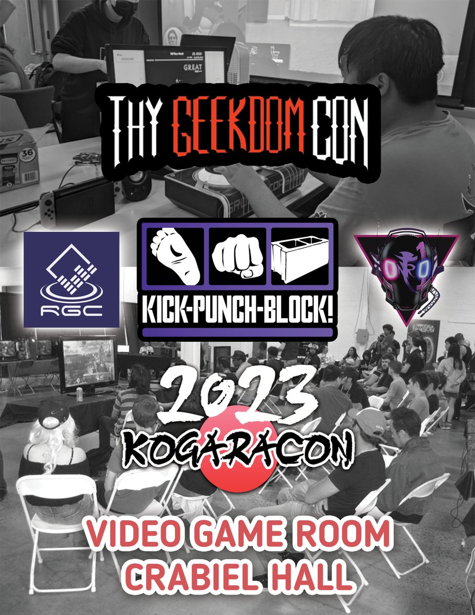 Kogaracon's tweet photo. Thy Geekdom Con, Kick-Punch-Block, Rutgers Rhythm Games Club, &amp; Kontrol1 present the 2023 Video Game Room. Check out the video games that they will be bringing for you to play &amp; please thank all of them for helping us out!

This year, the Video Game Room will be in Crabiel Hall! https://t.co/icsDo3VFw4