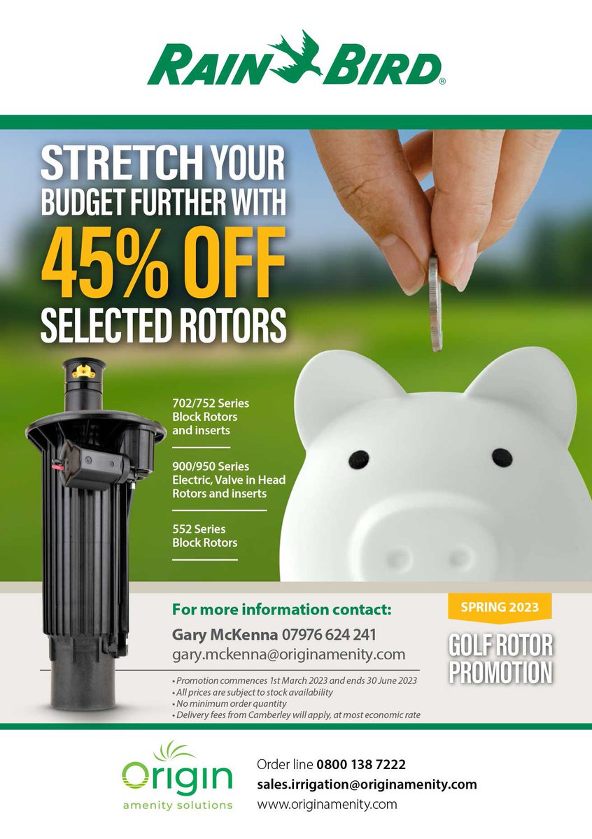GaryMcK_83's tweet photo. Don’t miss out on this great offer from @OriginAmenity on selected RainBird rotors this Spring! 💦
Offer ends on the 30th June 2023 https://t.co/o6eM7hcku7