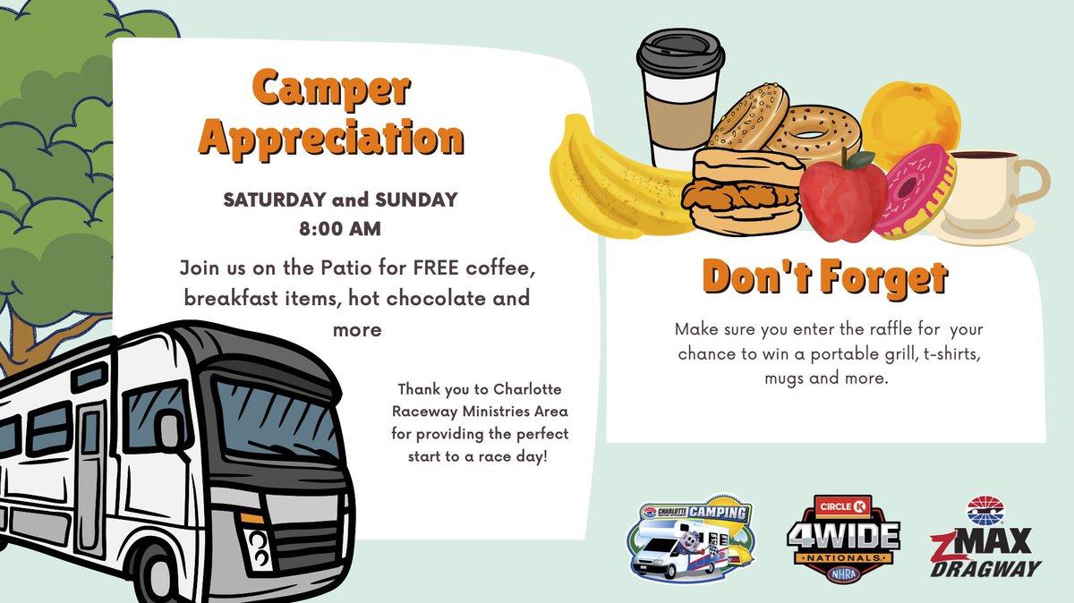 CMSCamping's tweet photo. Happy 4-Wide Nationals weekend! 🏎️

Join us Saturday and Sunday morning at the campground patio for breakfast.

We can’t wait to see you! 

@zMAXDragway | #4WideNats | @NHRA https://t.co/Y3J9ttD50g