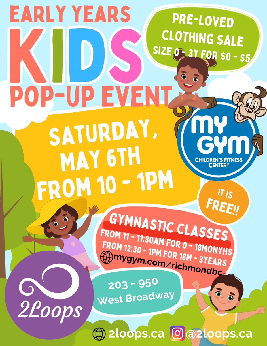 Join us next Saturday, May 6th at our spring pop-up event! Attendance is FREE 🌷

#mygymfun #mygymrichmondbc #mygymrichmond #mygym #childcare #childrensfitness #childrenseducation #richmondbc #yvr #canada #2loops #kidsevent #familyevent #localbusiness #yvrbusiness