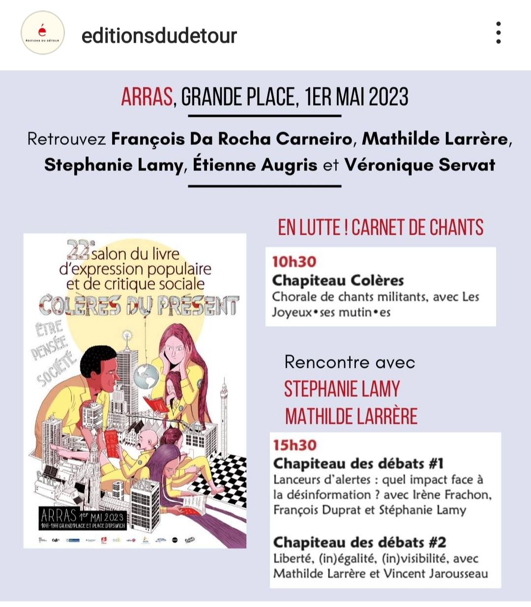 Ce 1er mai en plus de la manifestation nous serons au festival Colères du présent (<a href="/ColRsdupresent/">Colères du présent</a>) à Arras, avec <a href="/EtienneAugris/">Etienne AUGRIS</a>, <a href="/boadiceenne3/">Stephanie Lamy</a>, <a href="/FDaRochaC/">Da Rocha Carneiro</a>, @LarrereMathilde, et <a href="/histgeoblog/">Véro Servat</a>  venez nombreux (et en colère)