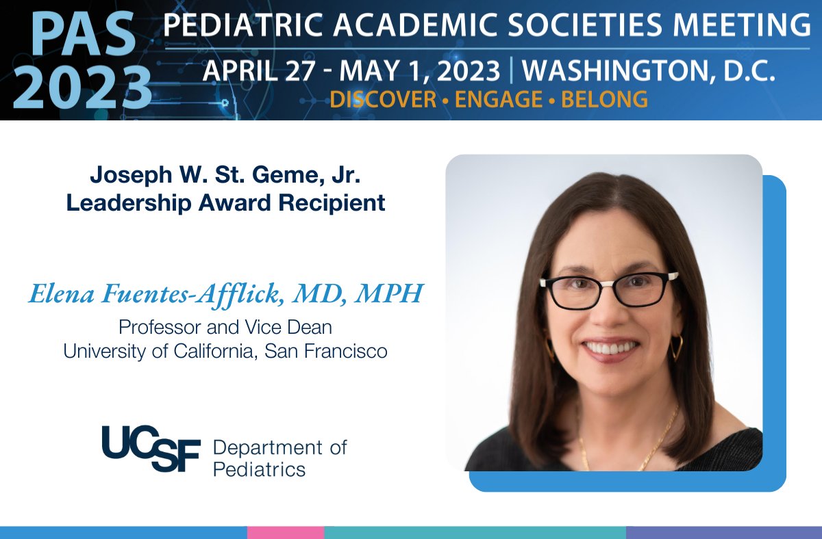 UCSFPediatrics's tweet photo. If you're at #PAS2023, make sure to attend the Opening General Session at Ballroom AB today and show your support to Dr. @efuentes1, who will receive the prestigious St. Geme leadership award and share her insights. She is scheduled to speak at 2:20 PM ET. #UCSFatPAS https://t.co/2gzO3UN0qh