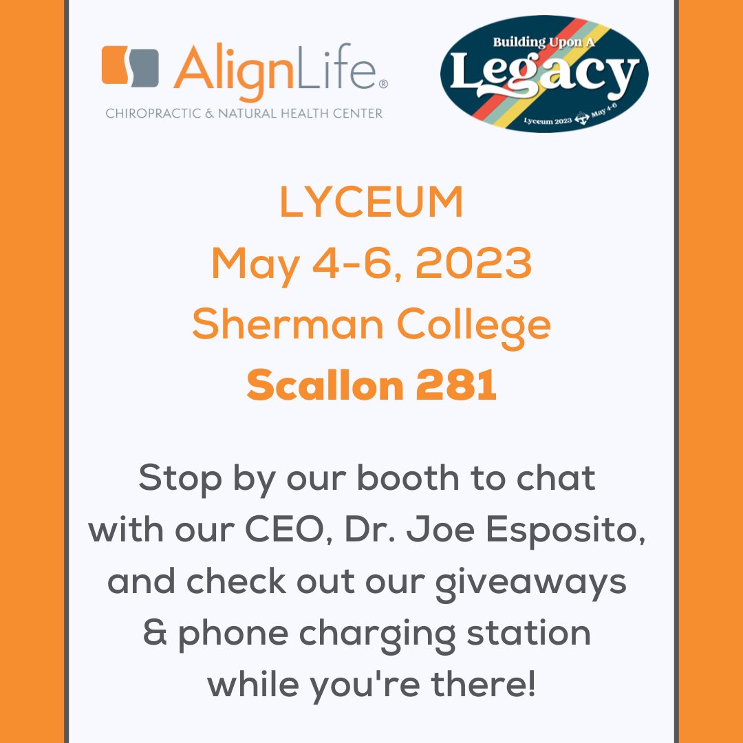 AlignLife's tweet photo. Let us know if you will be at Lyceum so we can keep an eye out for you! We're excited to meet everyone and give some more insight into what AlignLife has to offer. 

#lyceum2023 #shermancollege #chiropractic  #chiropracticfranchise #chiropractor #alignlife #alignlifeopportunity https://t.co/yGAh4MBcJa