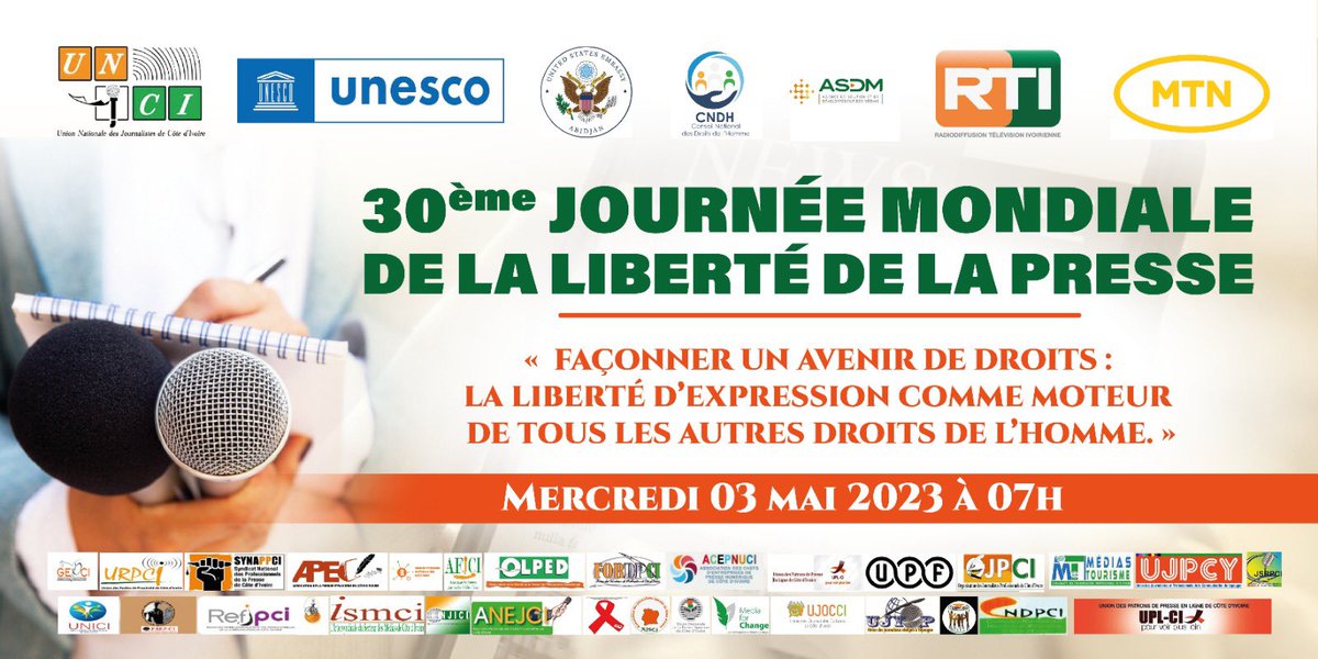 UNJCI225's tweet photo. Journalistes de Côte d’Ivoire, professionnels des médias et de la communication, étudiants en journalisme… Rassemblement le mercredi 03 mai 2023, devant la @RTIOfficiel pour la célébration de la Journée mondiale de la Liberté de la Presse.
#PFD2023
#JMLP2023
#UNJCI https://t.co/Hg9Mh4pzO4