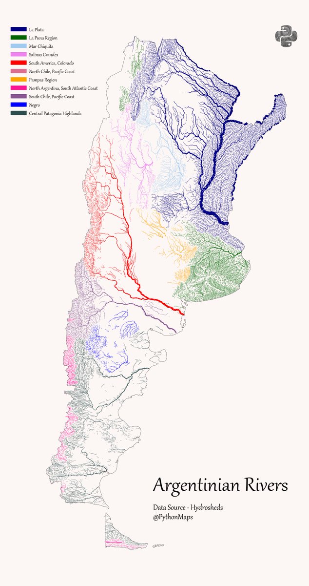Argentinian Rivers - This map shows the rivers of Argentina broken down by their major hydrological basin and scaled by their discharge. #DataVisualization #Geography #Python #Data #SouthAmerica #Argentina #Colombia