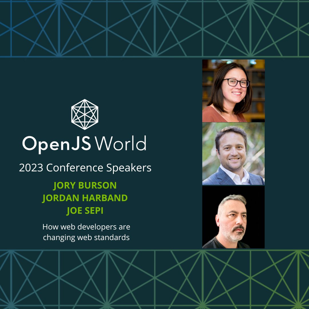 This standards panel is going to be a good one 🔥 Join @jorydotcom, @ljharb and @joe_sepi at OpenJS World to hear how web developers are changing web standards. Register: hubs.la/Q01MJ4J90 #OpenJSWorld